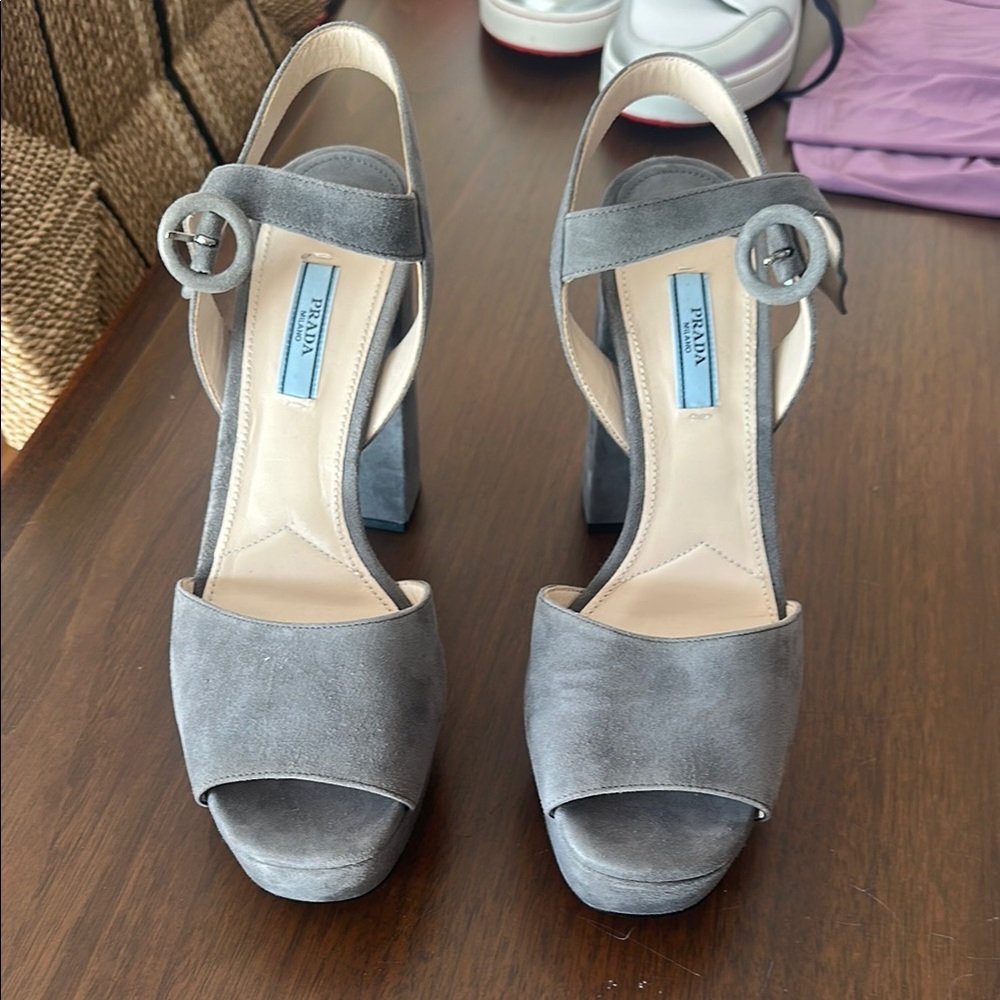 Prada Gray Suede Heels with Peep-Toe and Ankle Strap